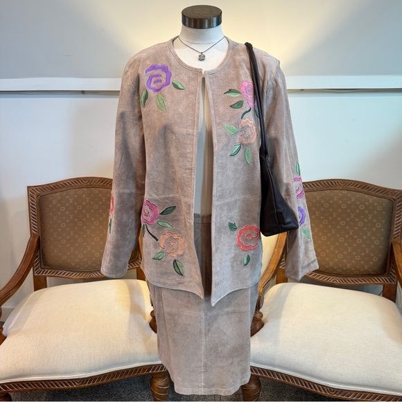 Vintage Dresses & Skirts - Vintage 90s Tan Genuine Suede Jacket Skirt Set w Floral Embroidery Boho Indie